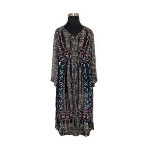 City Chic 22 Navy Paisley Maxi Dress Sheer Paisley Floral Flare Sleeve Boho